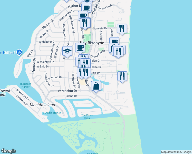 map of restaurants, bars, coffee shops, grocery stores, and more near 205 East Enid Drive in Key Biscayne