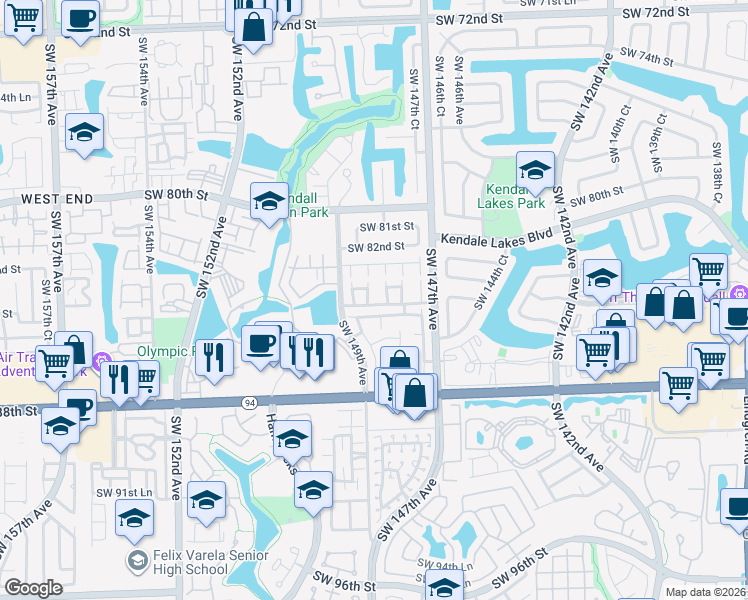 map of restaurants, bars, coffee shops, grocery stores, and more near 14835 Southwest 83rd Lane in Miami