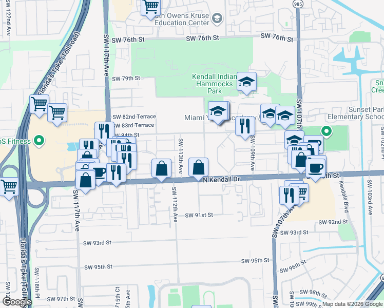 map of restaurants, bars, coffee shops, grocery stores, and more near 11265 Southwest 88th Street in Miami