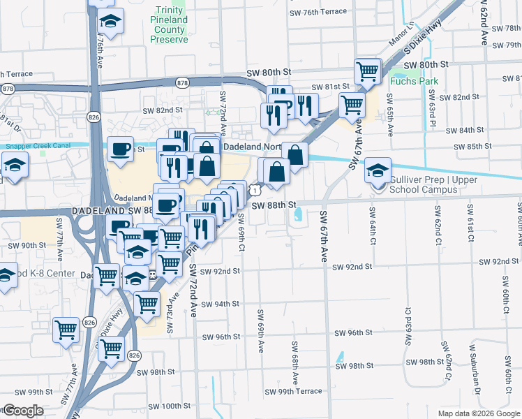 map of restaurants, bars, coffee shops, grocery stores, and more near 6890 North Kendall Drive in Miami