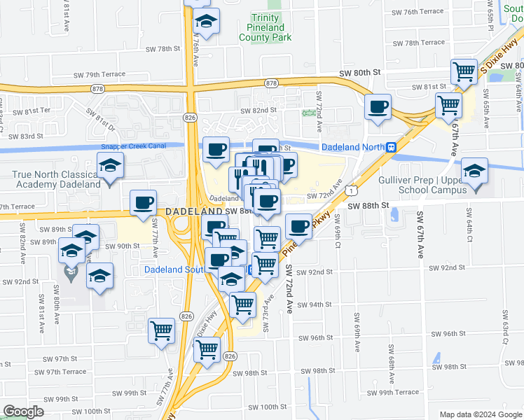map of restaurants, bars, coffee shops, grocery stores, and more near 7535 Dadeland Mall Circle West in Kendall