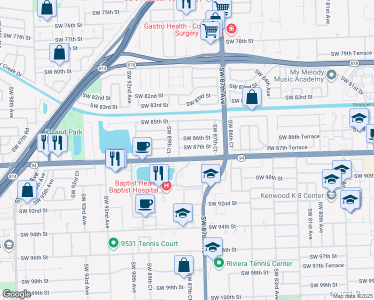 map of restaurants, bars, coffee shops, grocery stores, and more near 8871 Southwest 87th Street in Miami