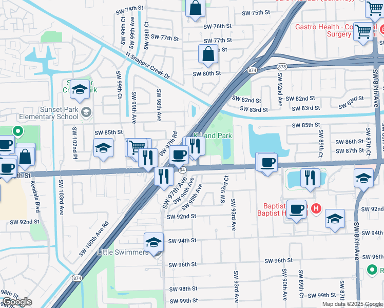 map of restaurants, bars, coffee shops, grocery stores, and more near 8707 Southwest 97th Avenue in Miami