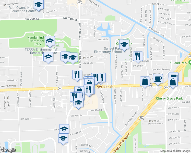 map of restaurants, bars, coffee shops, grocery stores, and more near 70 Southwest 86th Street in Miami