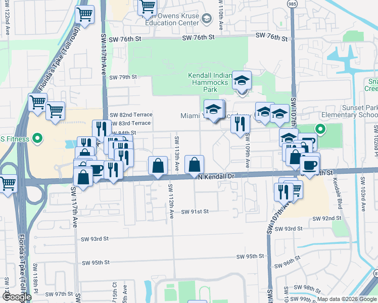 map of restaurants, bars, coffee shops, grocery stores, and more near 11265 Southwest 88th Street in Miami
