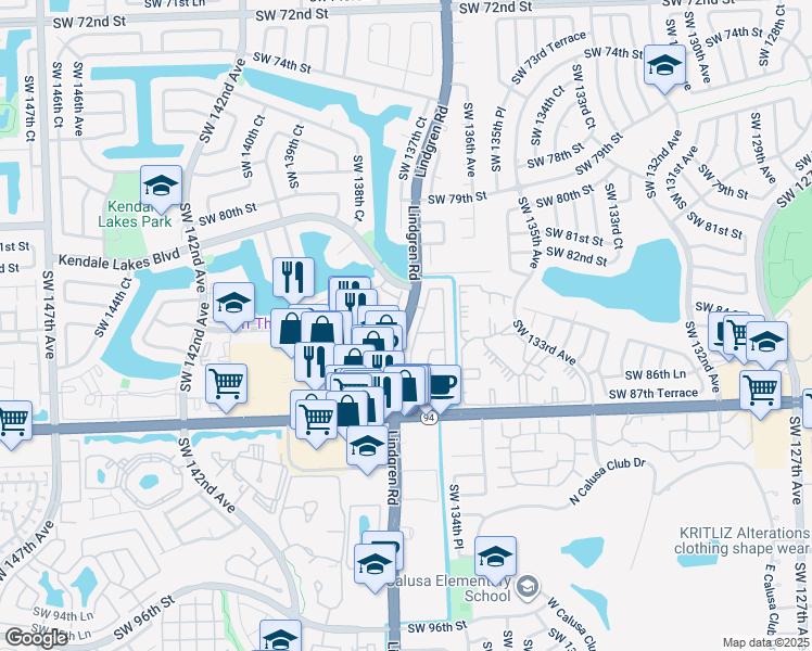 map of restaurants, bars, coffee shops, grocery stores, and more near 11701 Southwest 84th Street in Miami
