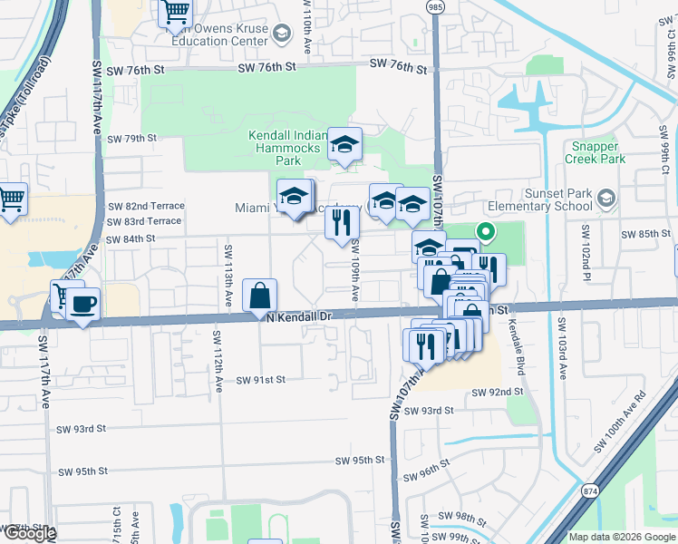 map of restaurants, bars, coffee shops, grocery stores, and more near 8599 Southwest 109th Avenue in Miami