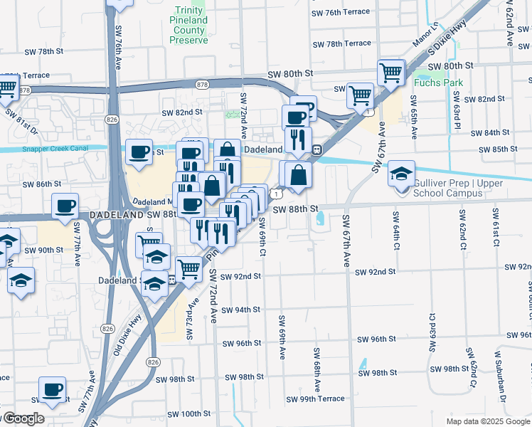 map of restaurants, bars, coffee shops, grocery stores, and more near 8796 South Dixie Highway in Miami