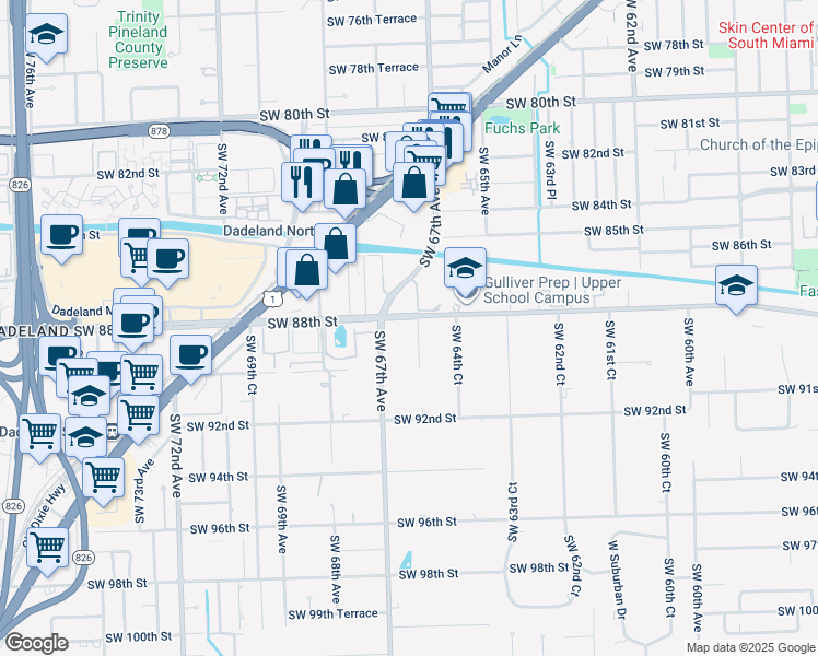 map of restaurants, bars, coffee shops, grocery stores, and more near 6548 Southwest 88th Street in Pinecrest