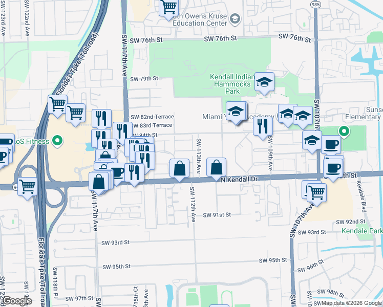 map of restaurants, bars, coffee shops, grocery stores, and more near 11338 Southwest 85th Lane in Miami