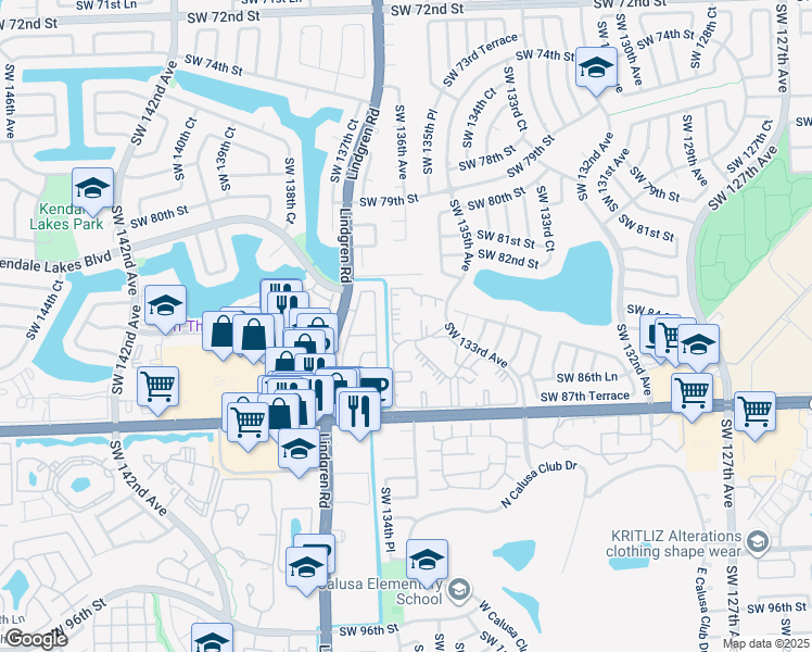 map of restaurants, bars, coffee shops, grocery stores, and more near 8420 Southwest 133rd Avenue Road in Miami