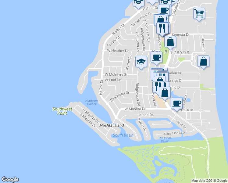 map of restaurants, bars, coffee shops, grocery stores, and more near 680 Curtiswood Drive in Key Biscayne