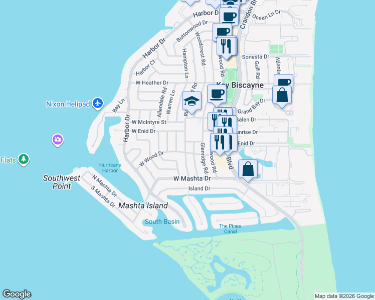 map of restaurants, bars, coffee shops, grocery stores, and more near 676 Ridgewood Road in Key Biscayne