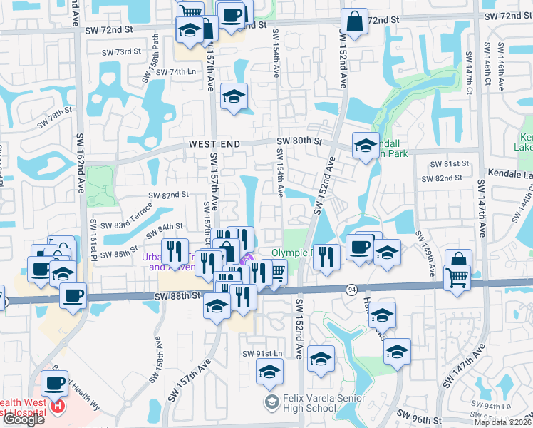 map of restaurants, bars, coffee shops, grocery stores, and more near 8394 Southwest 154th Avenue in Miami