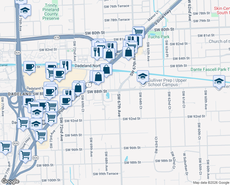 map of restaurants, bars, coffee shops, grocery stores, and more near 6711 Southwest 88th Terrace in Miami