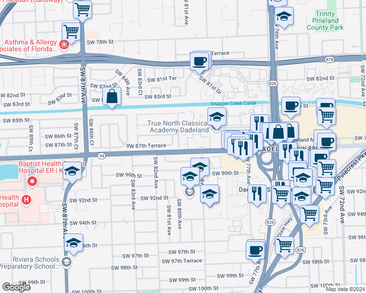 map of restaurants, bars, coffee shops, grocery stores, and more near 8133 Southwest 87th Terrace in Miami