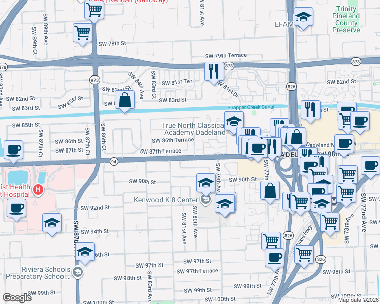 map of restaurants, bars, coffee shops, grocery stores, and more near 8231 Southwest 87th Terrace in Miami