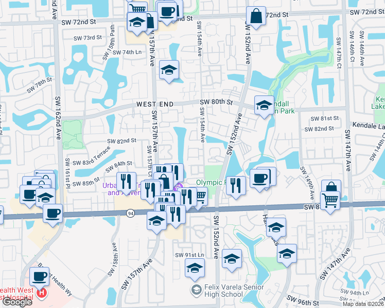 map of restaurants, bars, coffee shops, grocery stores, and more near 8394 Southwest 154th Avenue in Miami