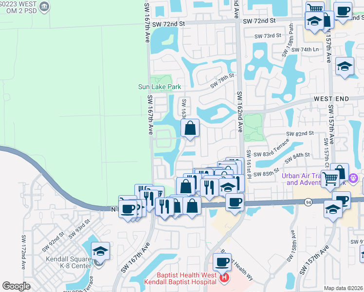map of restaurants, bars, coffee shops, grocery stores, and more near 8207 Southwest 165th Court in Miami