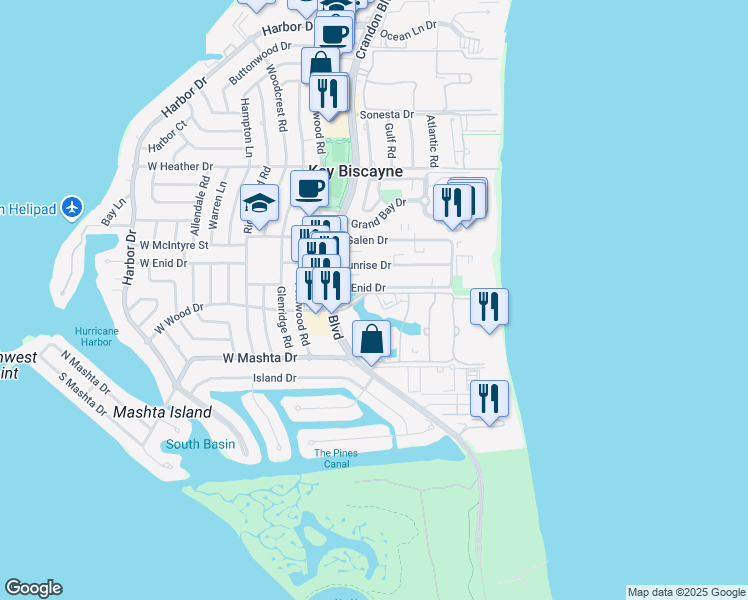 map of restaurants, bars, coffee shops, grocery stores, and more near 707 Crandon Boulevard in Key Biscayne