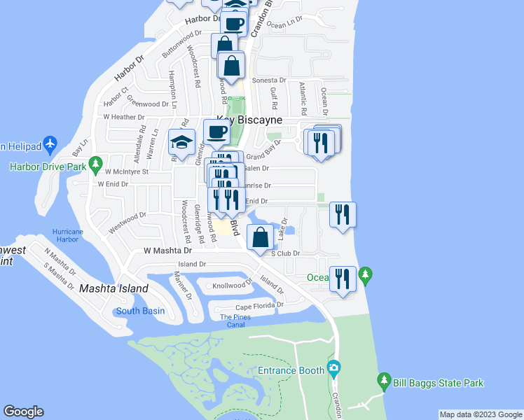 map of restaurants, bars, coffee shops, grocery stores, and more near 701 Crandon Boulevard in Key Biscayne