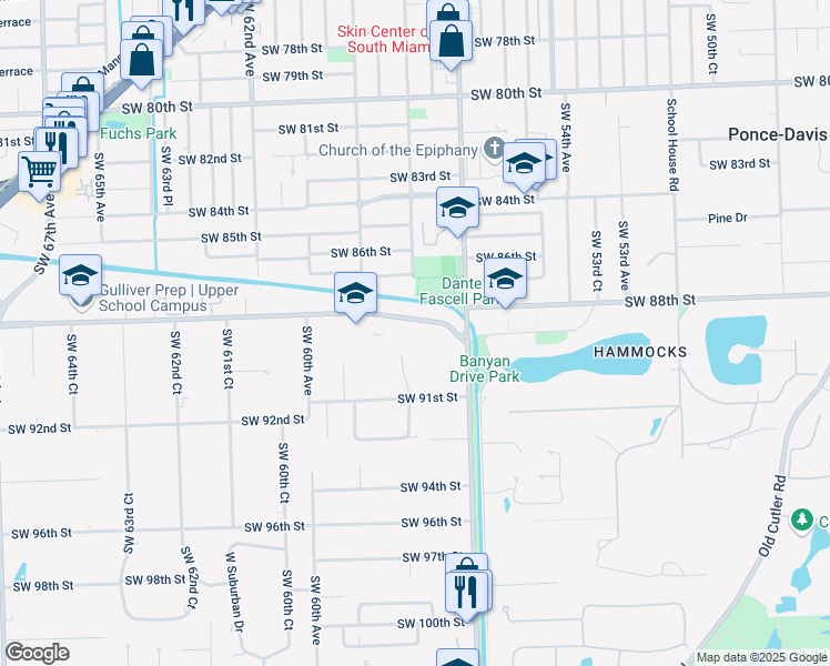 map of restaurants, bars, coffee shops, grocery stores, and more near 5900 Southwest 88th Street in Pinecrest