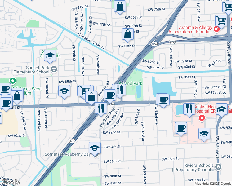 map of restaurants, bars, coffee shops, grocery stores, and more near 8707 Southwest 97th Avenue in Miami