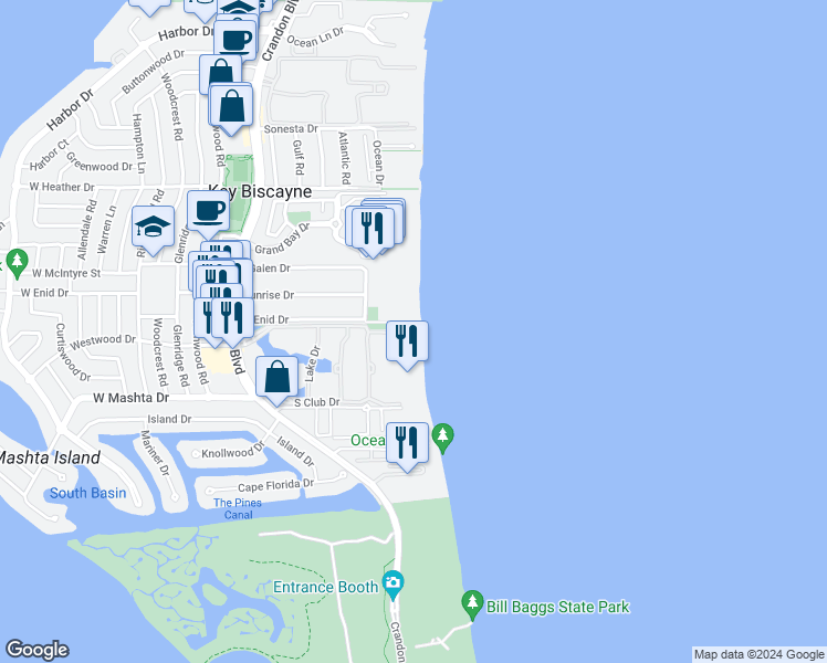 map of restaurants, bars, coffee shops, grocery stores, and more near 765 Crandon Boulevard in Key Biscayne
