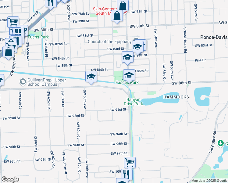 map of restaurants, bars, coffee shops, grocery stores, and more near 5900 Southwest 88th Street in Pinecrest