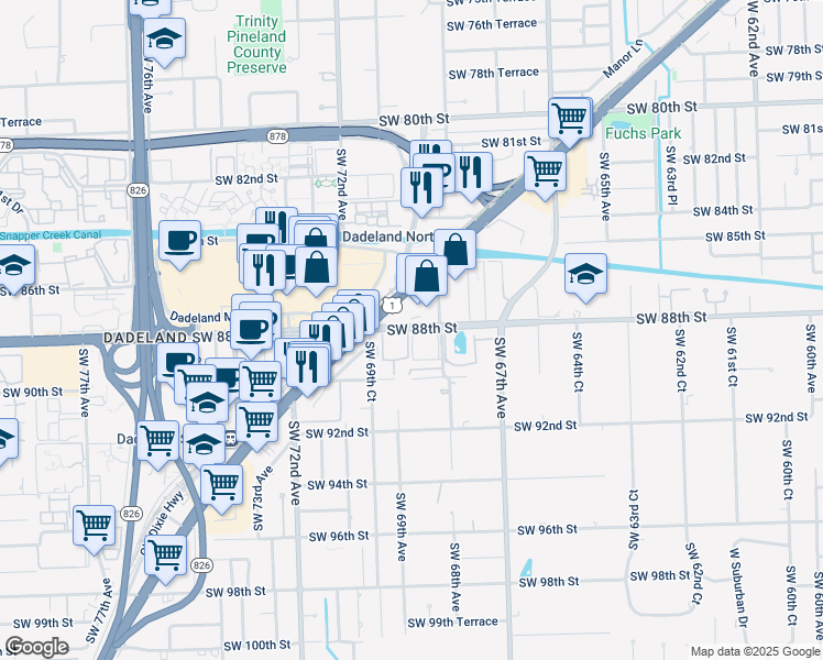 map of restaurants, bars, coffee shops, grocery stores, and more near 8765 South Dixie Highway in Miami