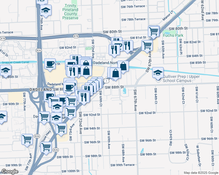 map of restaurants, bars, coffee shops, grocery stores, and more near 8765 South Dixie Highway in Miami