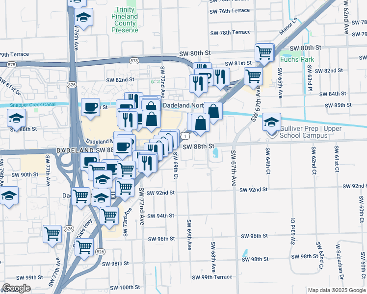 map of restaurants, bars, coffee shops, grocery stores, and more near 8765 South Dixie Highway in Pinecrest