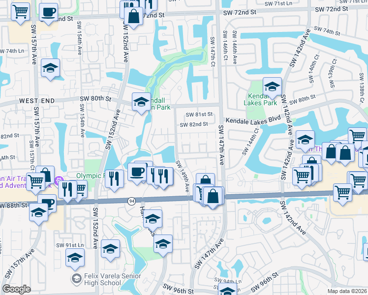 map of restaurants, bars, coffee shops, grocery stores, and more near 14835 Southwest 83rd Lane in Miami