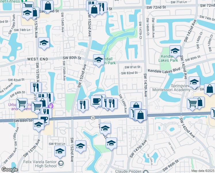 map of restaurants, bars, coffee shops, grocery stores, and more near 8260 Southwest 149th Court in Miami