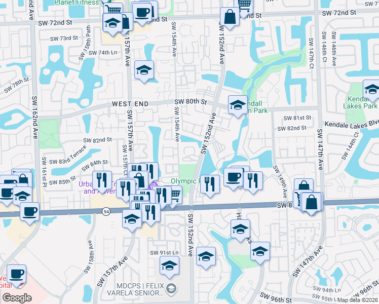 map of restaurants, bars, coffee shops, grocery stores, and more near 8261 Southwest 152nd Avenue Circle in Miami