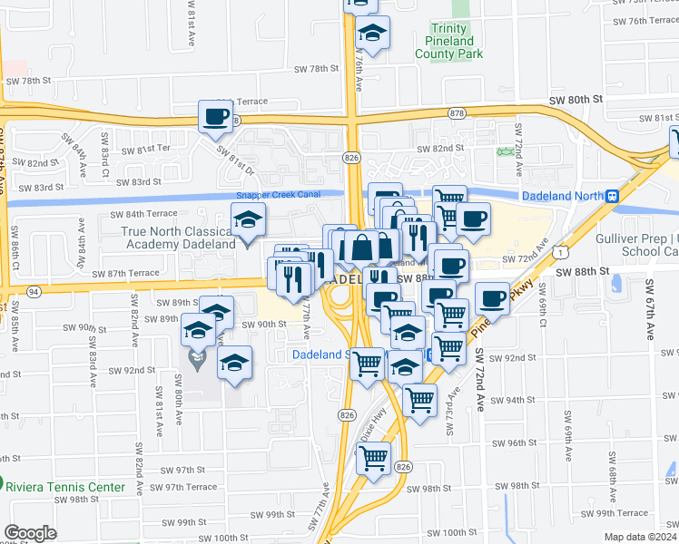 map of restaurants, bars, coffee shops, grocery stores, and more near 7701 North Kendall Drive in Kendall