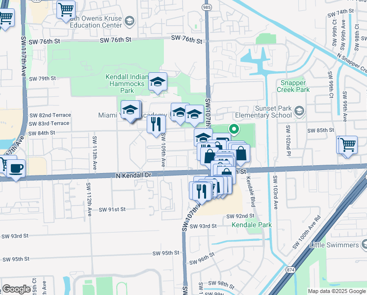 map of restaurants, bars, coffee shops, grocery stores, and more near 10825 Southwest 86th Street in Miami