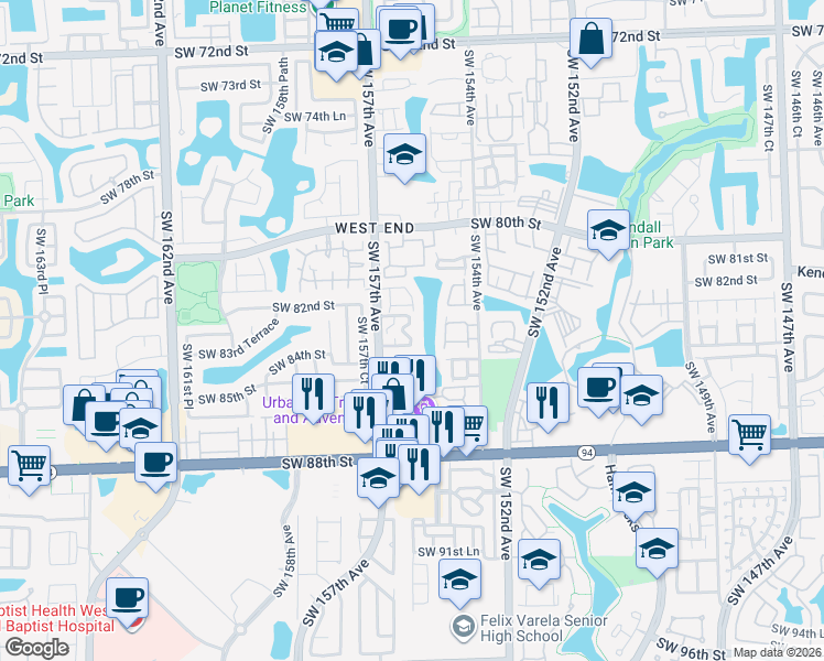map of restaurants, bars, coffee shops, grocery stores, and more near 8341 Southwest 157th Avenue in Miami