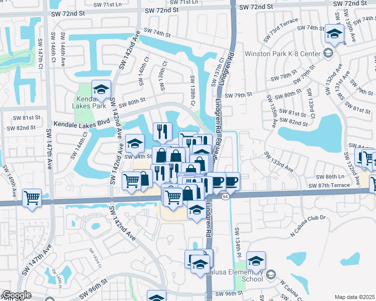 map of restaurants, bars, coffee shops, grocery stores, and more near 13765 Southwest 84th Street in Miami