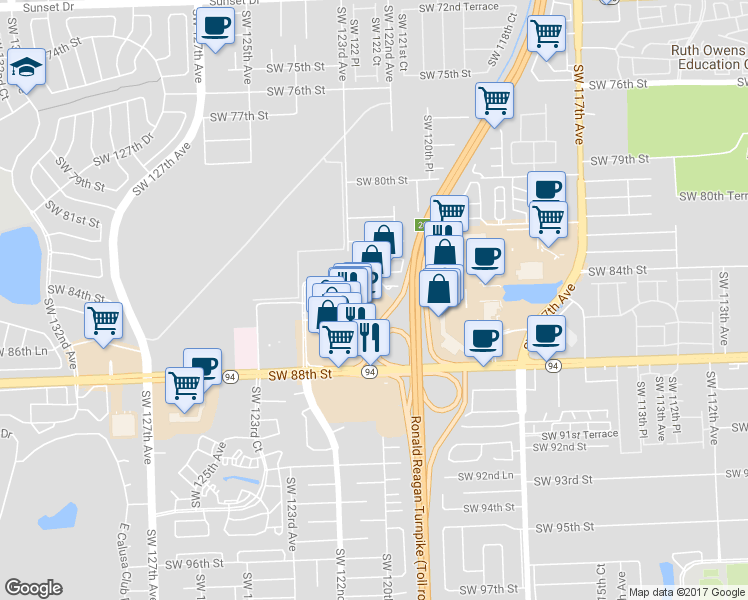map of restaurants, bars, coffee shops, grocery stores, and more near 8501 Southwest 124th Avenue in Miami