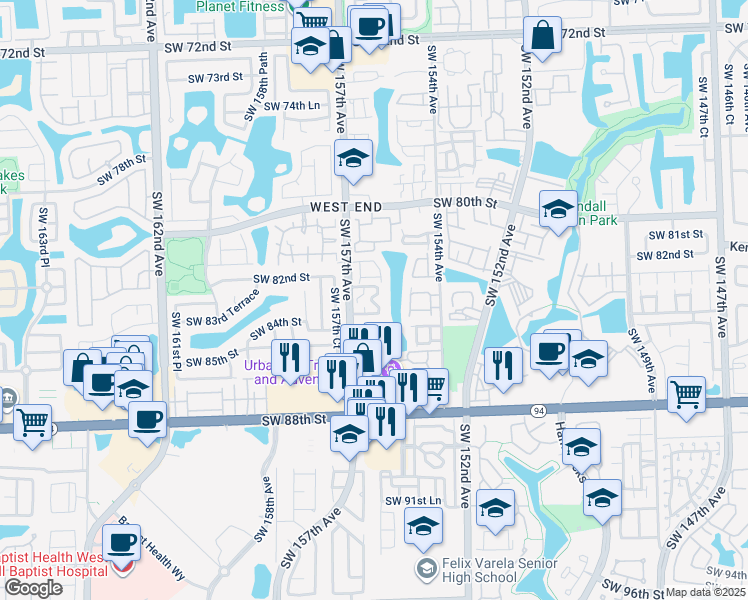 map of restaurants, bars, coffee shops, grocery stores, and more near 8341 Southwest 157th Avenue in Miami
