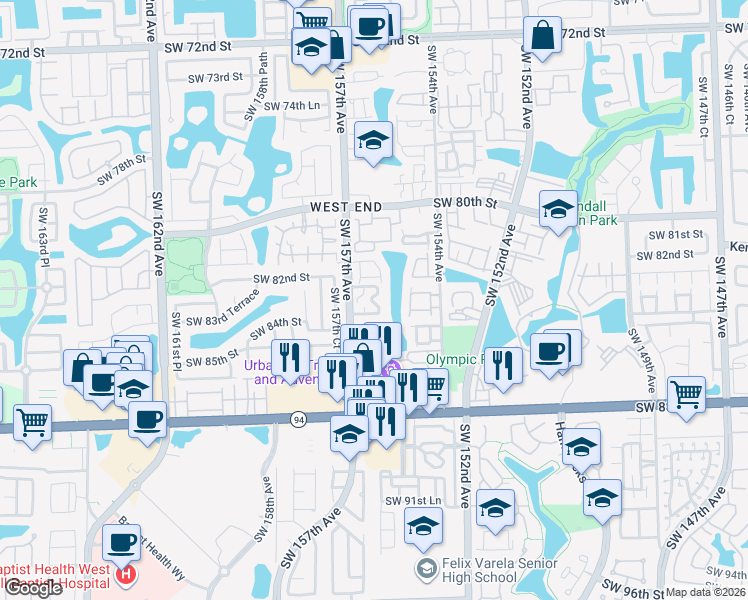 map of restaurants, bars, coffee shops, grocery stores, and more near 8341 Southwest 157th Avenue in Miami