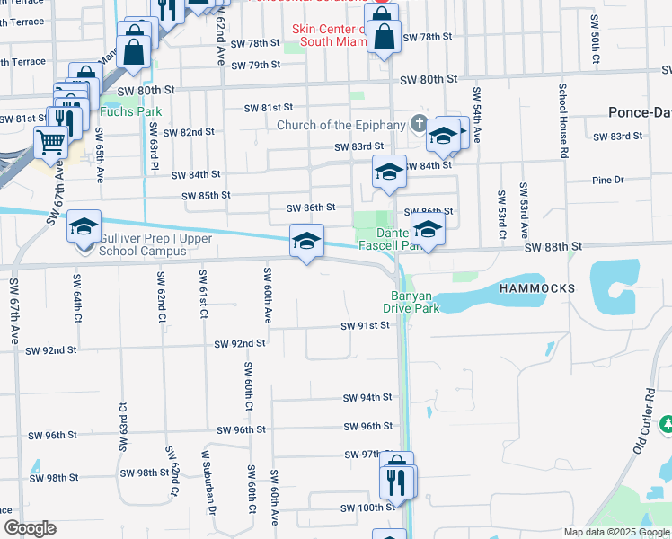 map of restaurants, bars, coffee shops, grocery stores, and more near 5900 Southwest 88th Street in Pinecrest