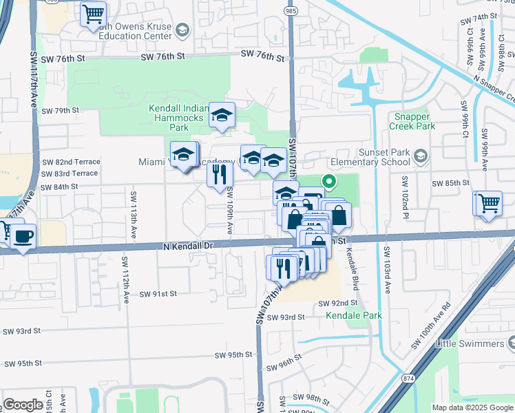 map of restaurants, bars, coffee shops, grocery stores, and more near 10825 Southwest 86th Street in Miami