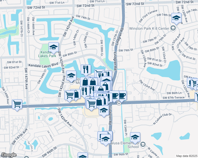 map of restaurants, bars, coffee shops, grocery stores, and more near 13765 Southwest 84th Street in Miami