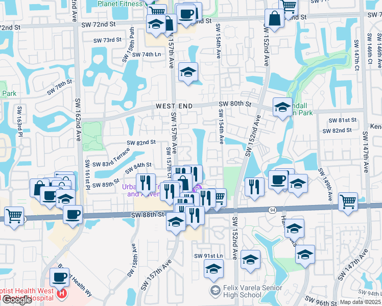 map of restaurants, bars, coffee shops, grocery stores, and more near 8341 Southwest 157th Avenue in Miami