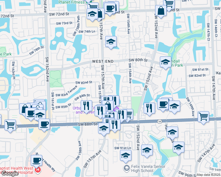 map of restaurants, bars, coffee shops, grocery stores, and more near 8341 Southwest 157th Avenue in Miami