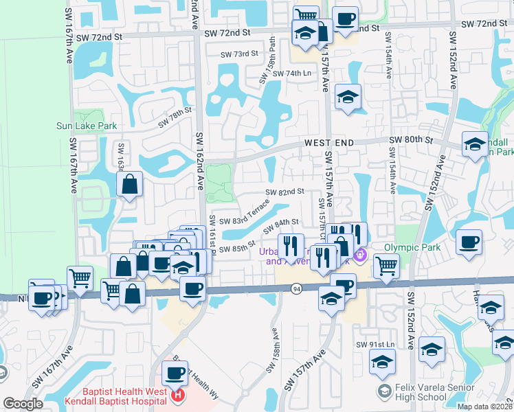 map of restaurants, bars, coffee shops, grocery stores, and more near 8354 Southwest 159th Place in Miami