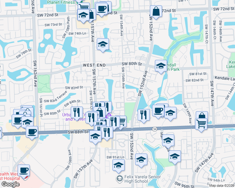 map of restaurants, bars, coffee shops, grocery stores, and more near 8394 Southwest 154th Avenue in Miami