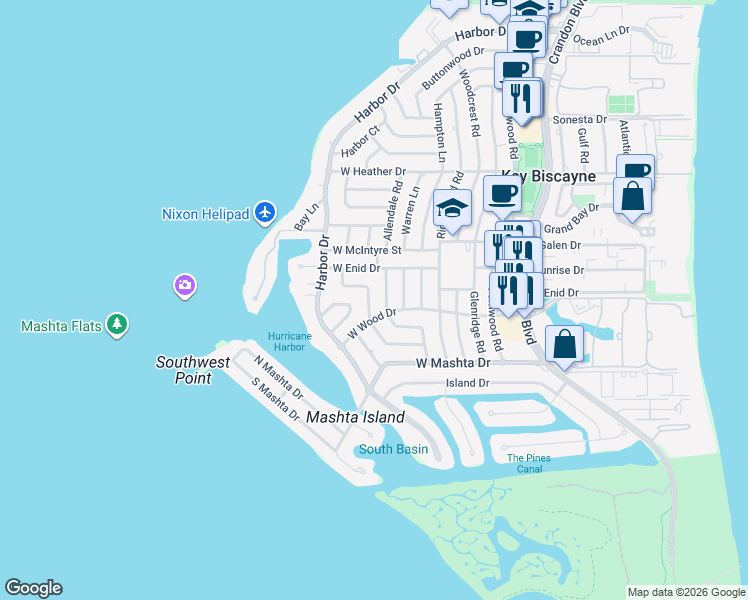 map of restaurants, bars, coffee shops, grocery stores, and more near 675 Curtiswood Drive in Key Biscayne